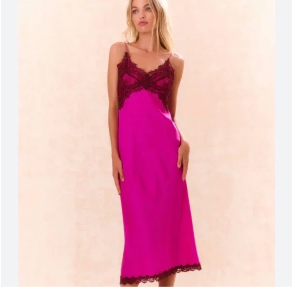 LoveShackFancy Fuchsia and Black Lace Slip Dress - Picture 3 of 6